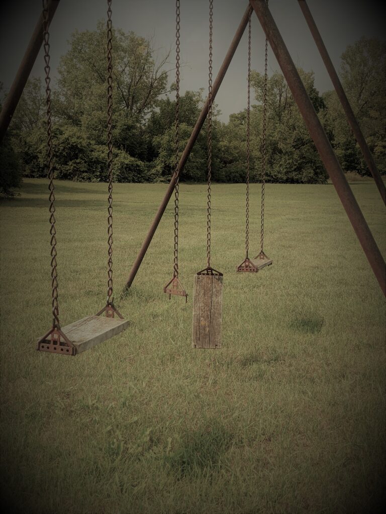 wooden swing set with broken swing